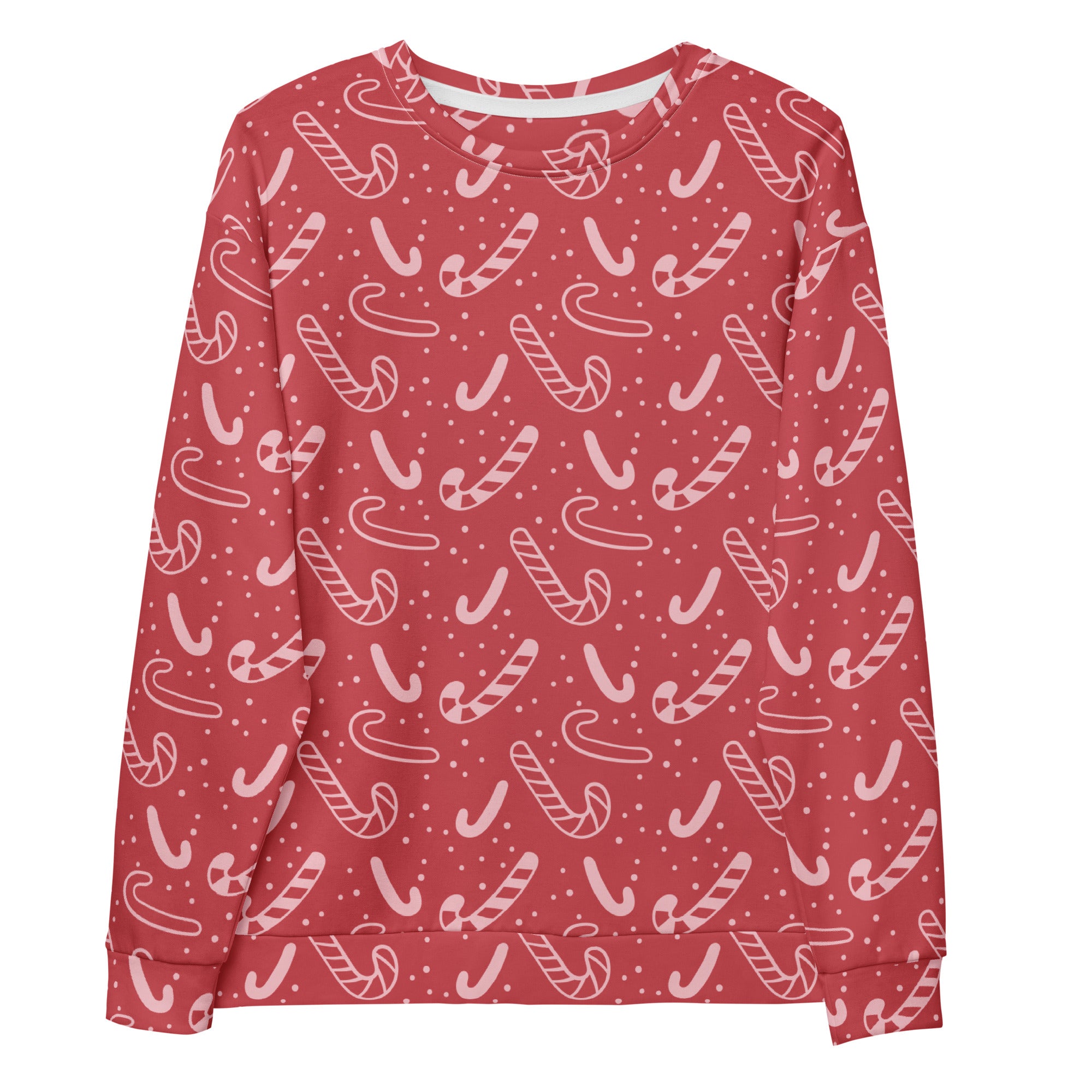Red candy cane christmas sweatshirt with long sleeves brushed inner fleece fabric and white candy cane pattern