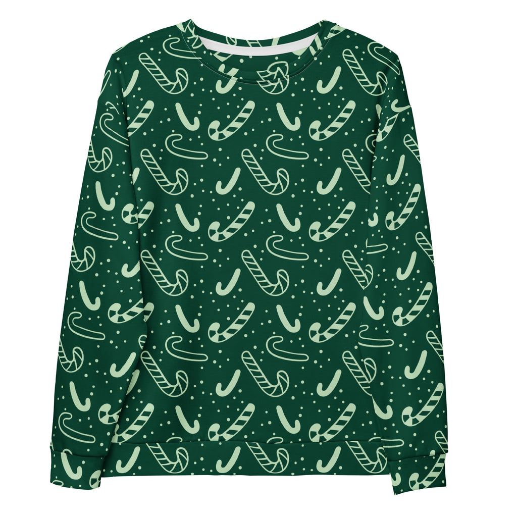 Dark green long-sleeved christmas sweatshirt with light mint candy cane pattern and brushed inner fleece fabric
