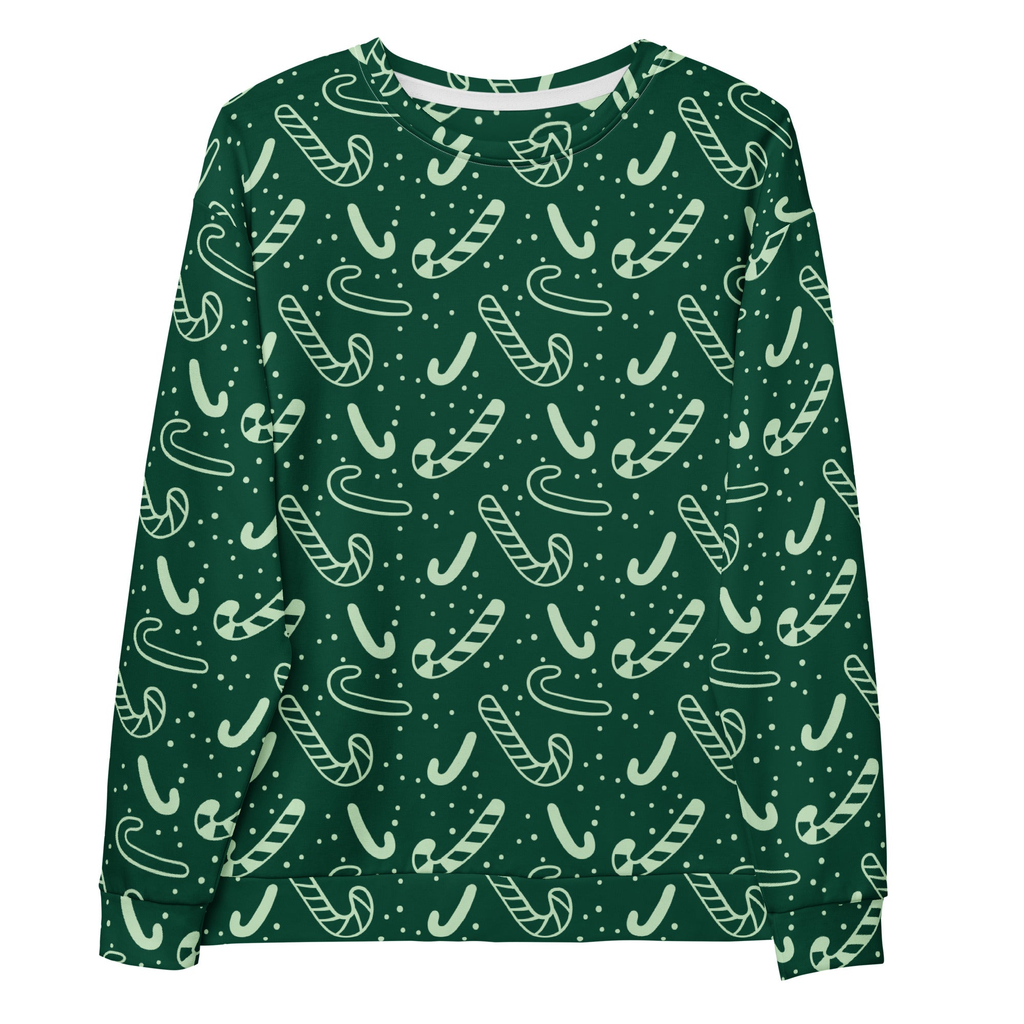 Dark green long-sleeved christmas sweatshirt with light mint candy cane pattern and brushed inner fleece fabric