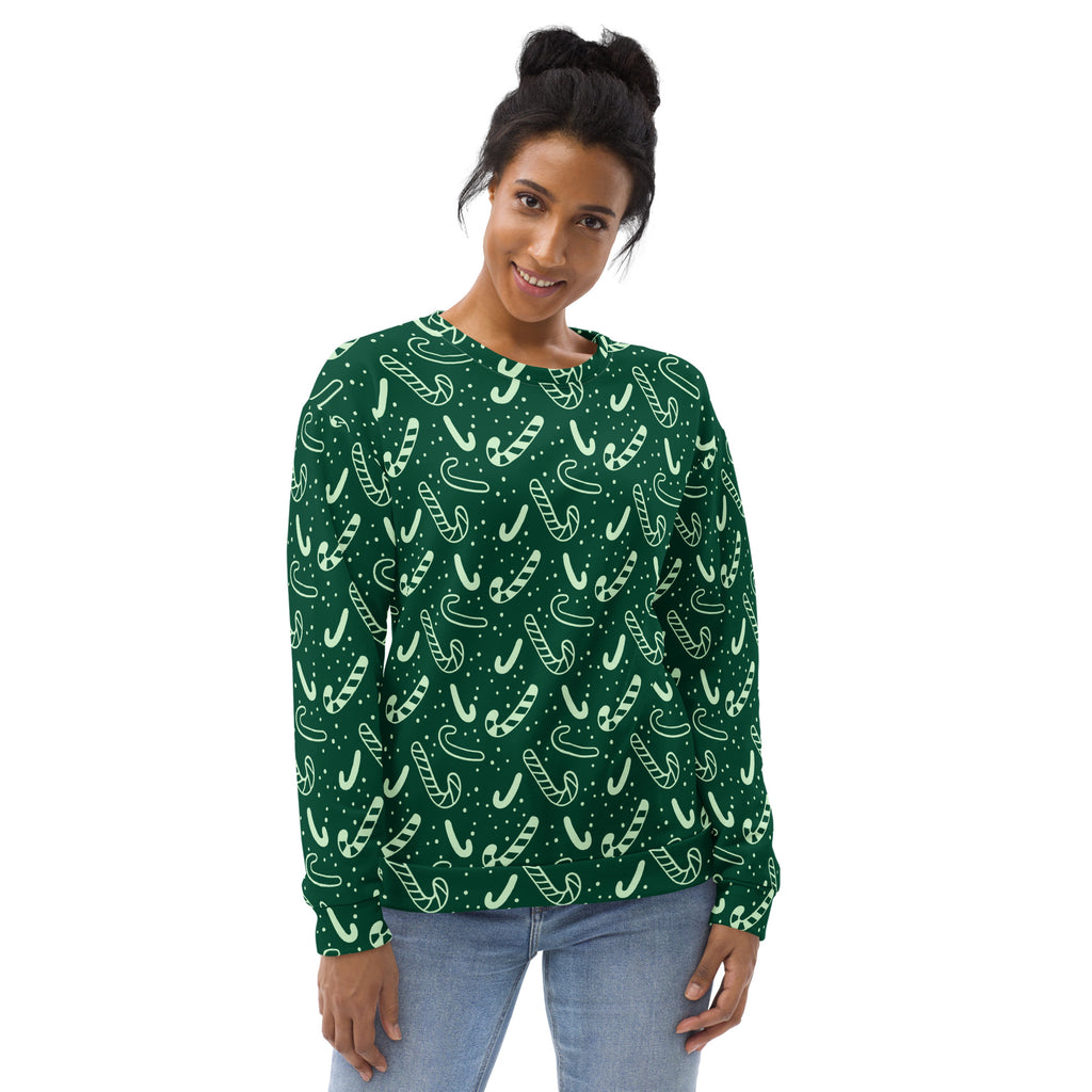 Green candy cane christmas sweatshirt with brushed fleece featuring dark green long sleeves and white candy cane pattern