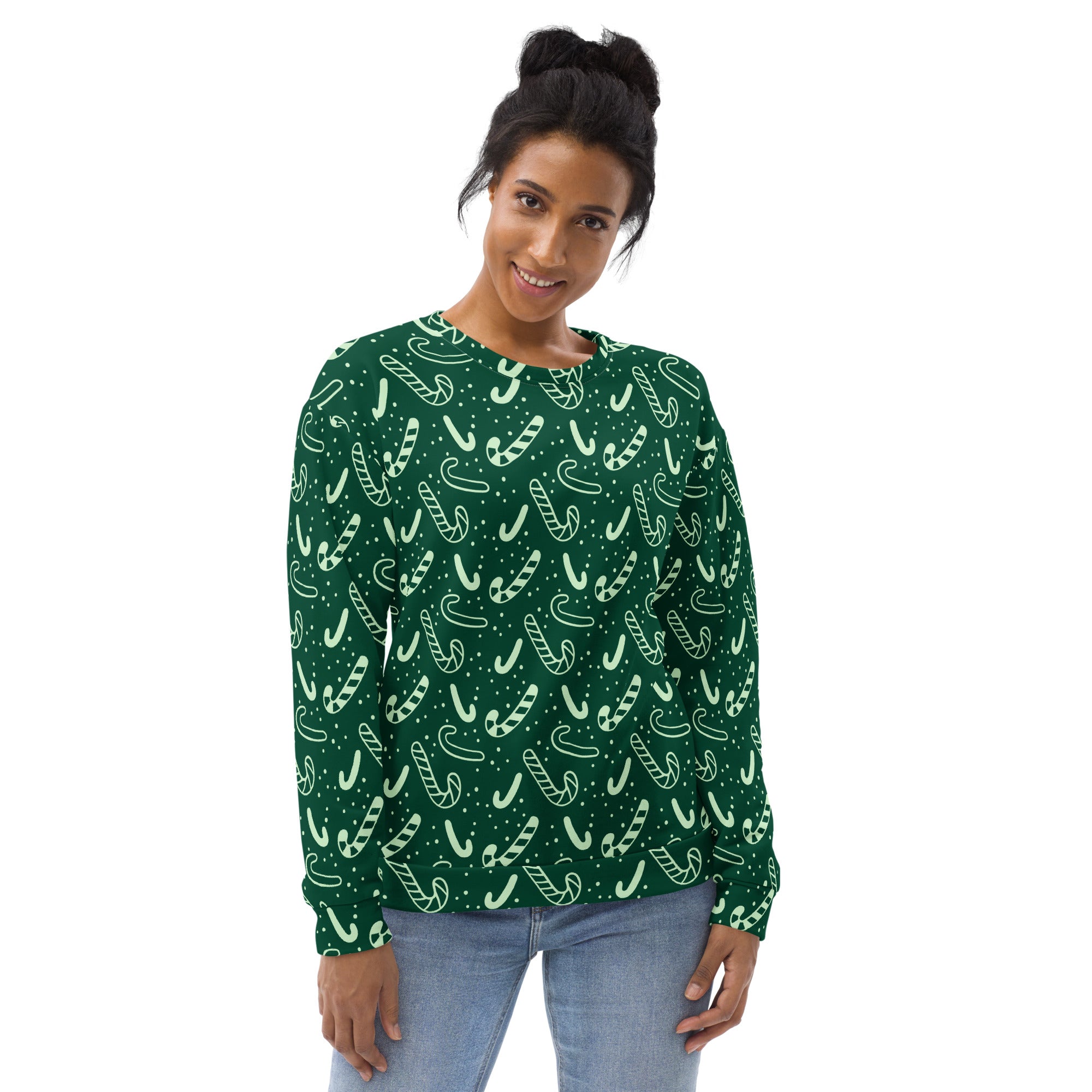 Green candy cane christmas sweatshirt with brushed fleece featuring dark green long sleeves and white candy cane pattern