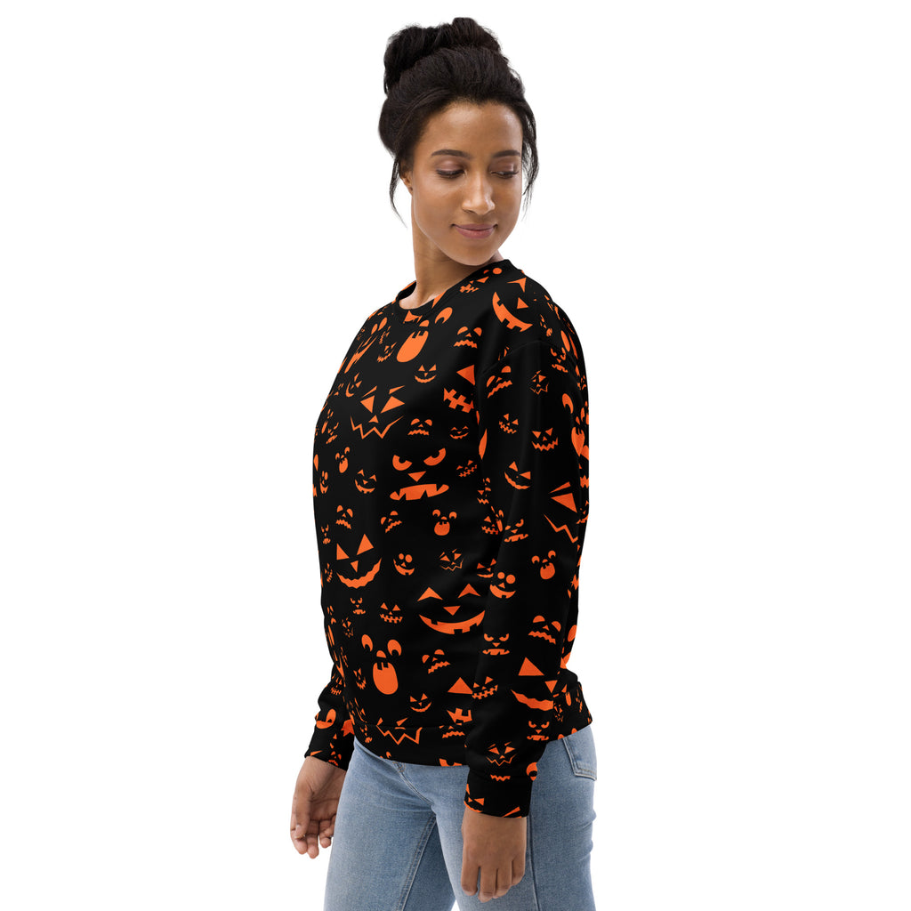 Black long-sleeved sweatshirt with vibrant orange jack-o-lantern pattern and brushed inner fleece fabric for Halloween