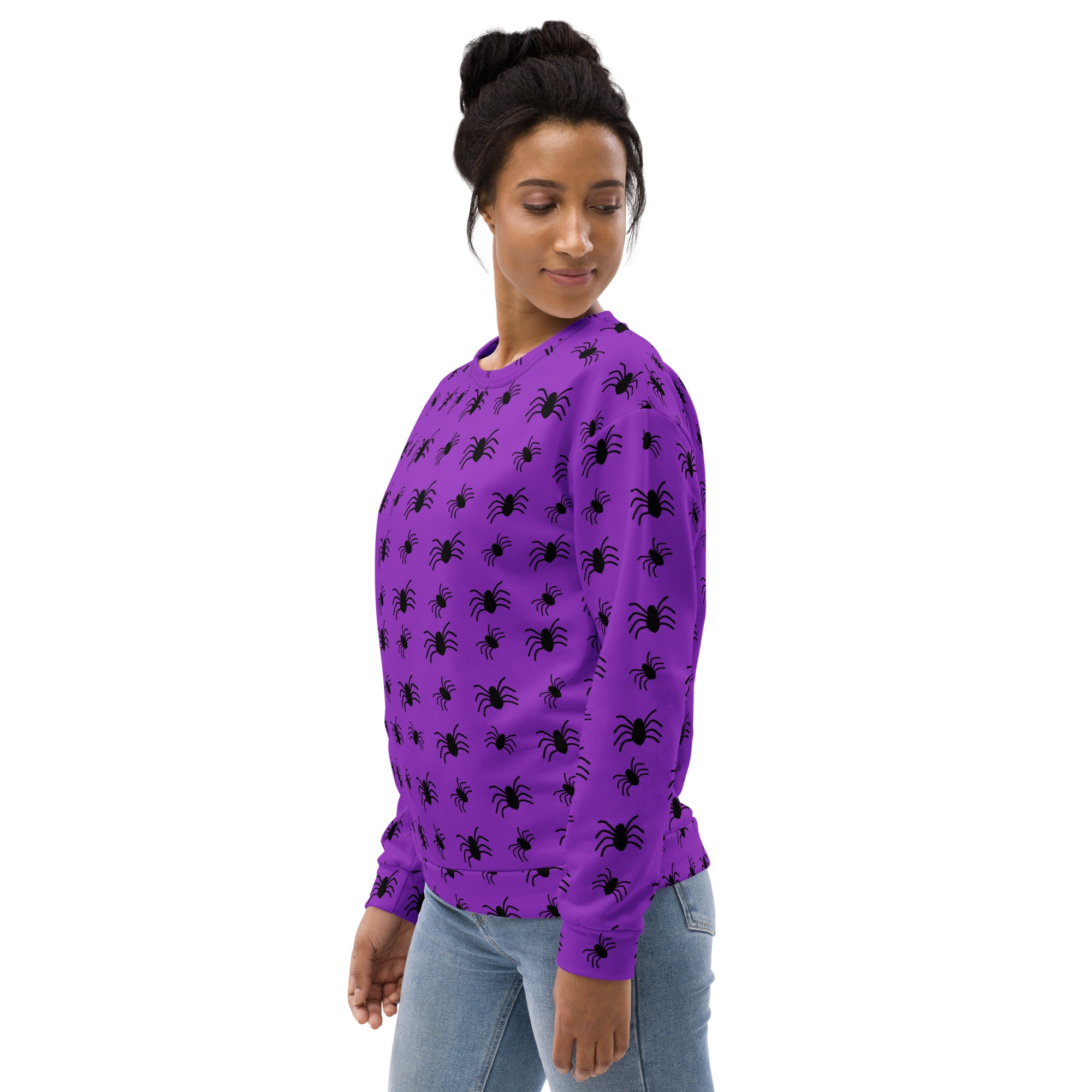 Purple spider-patterned long-sleeve sweatshirt with brushed inner fleece fabric for halloween wear