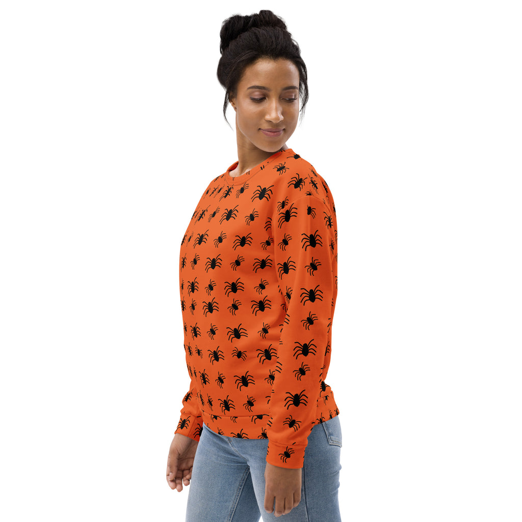 Orange long-sleeved recycled sweatshirt with black spider pattern and brushed inner fleece fabric for halloween