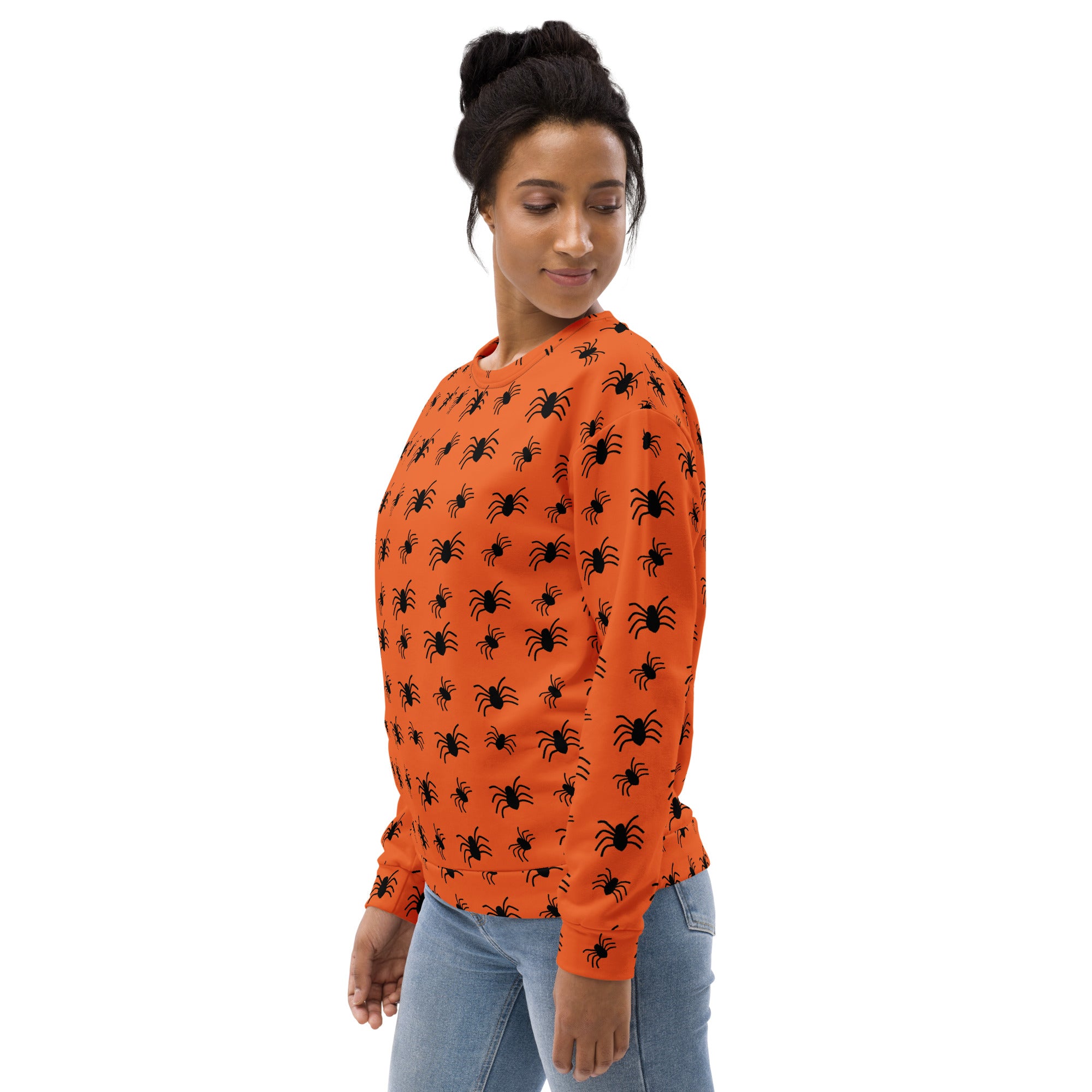 Orange long-sleeved recycled sweatshirt with black spider pattern and brushed inner fleece fabric for halloween