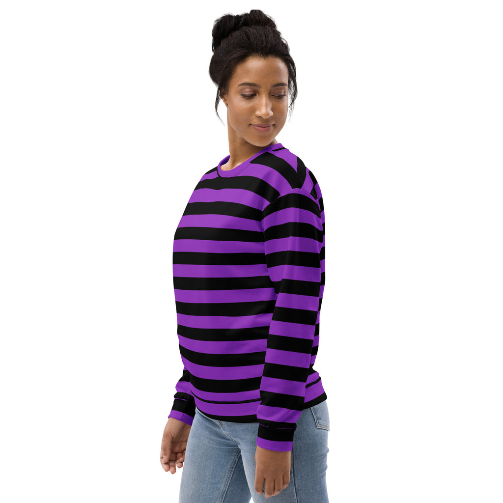 Purple and black striped halloween recycled long-sleeve sweatshirt with brushed inner fleece fabric front view