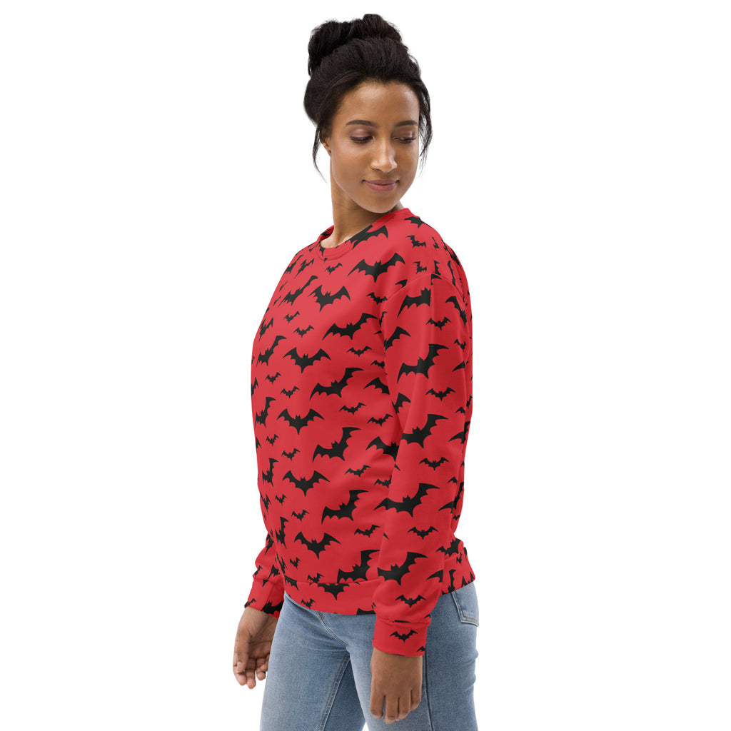 Red long-sleeved sweatshirt with black bat prints and brushed inner fleece fabric for Halloween wear