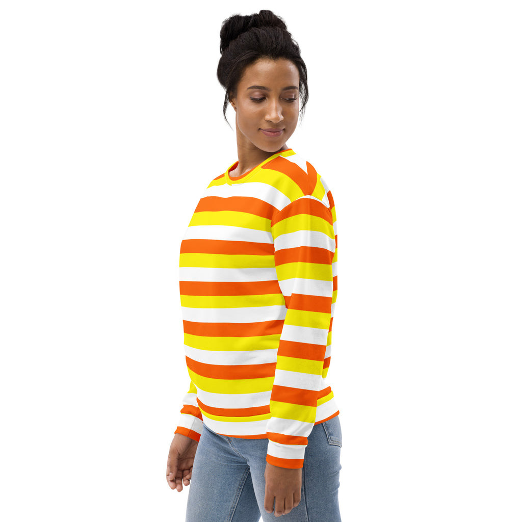 A vibrant long-sleeved candy corn stripes halloween sweatshirt with bold orange yellow white stripes and brushed fleece