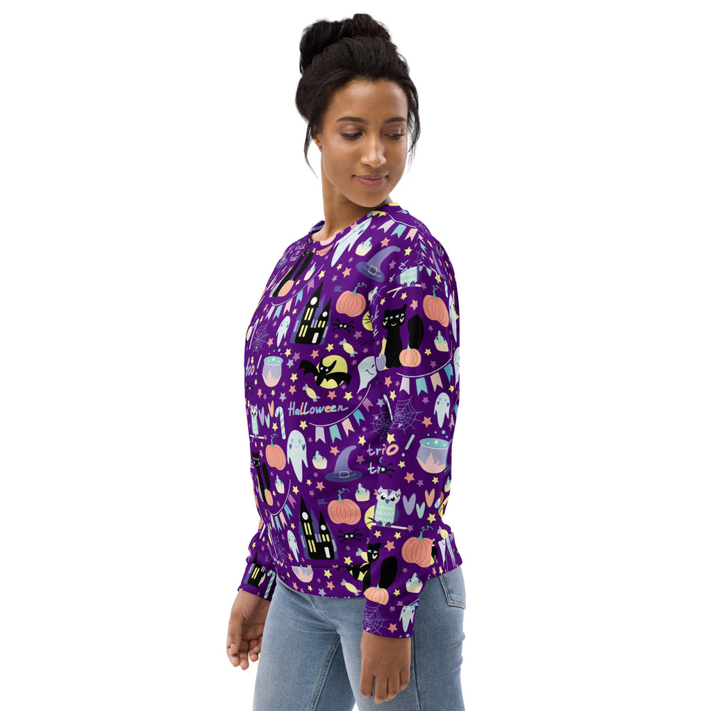 Spooky purple halloween sweatshirt with playful pumpkin bats ghosts witches illustrations and brushed inner fleece fabric