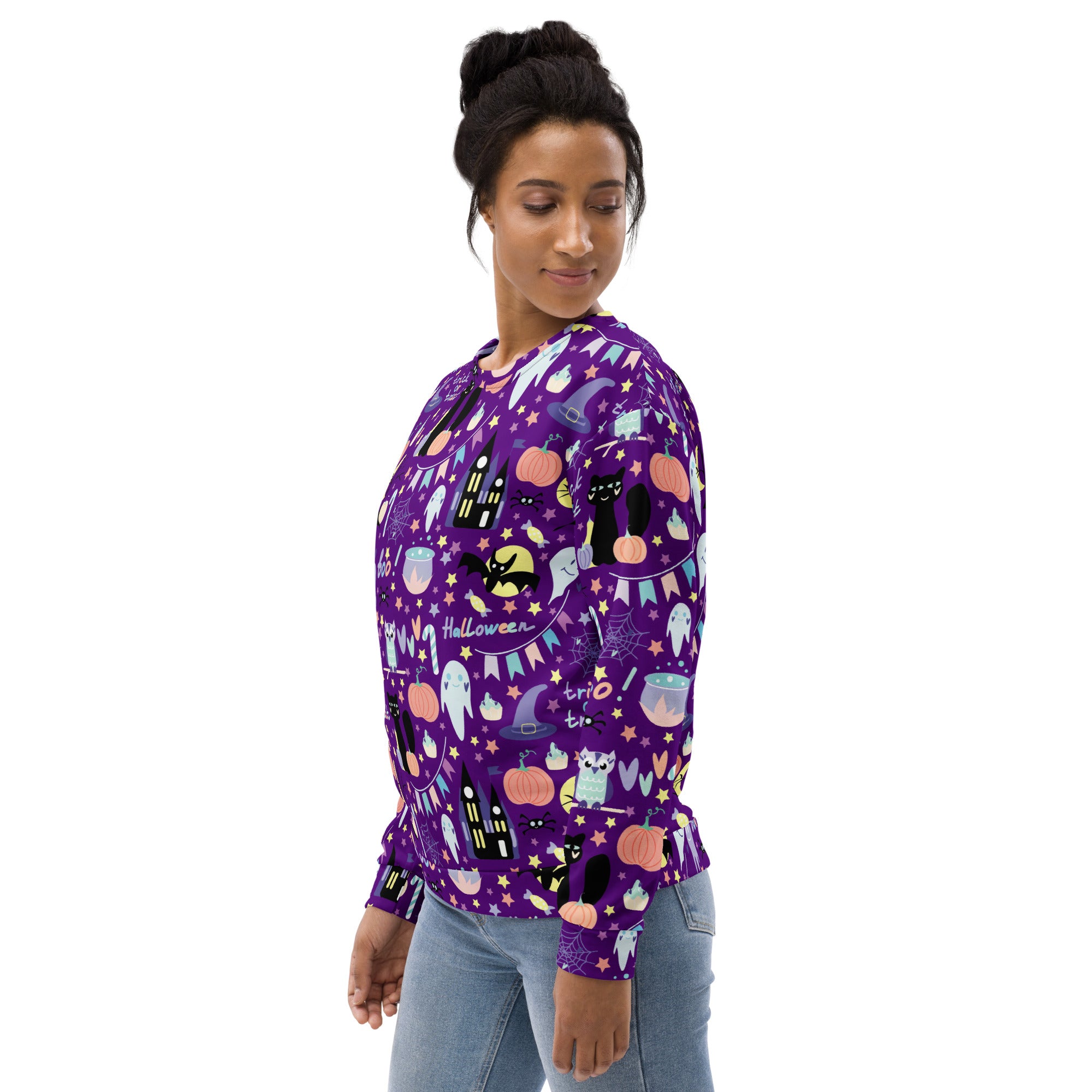Spooky purple halloween sweatshirt with playful pumpkin bats ghosts witches illustrations and brushed inner fleece fabric
