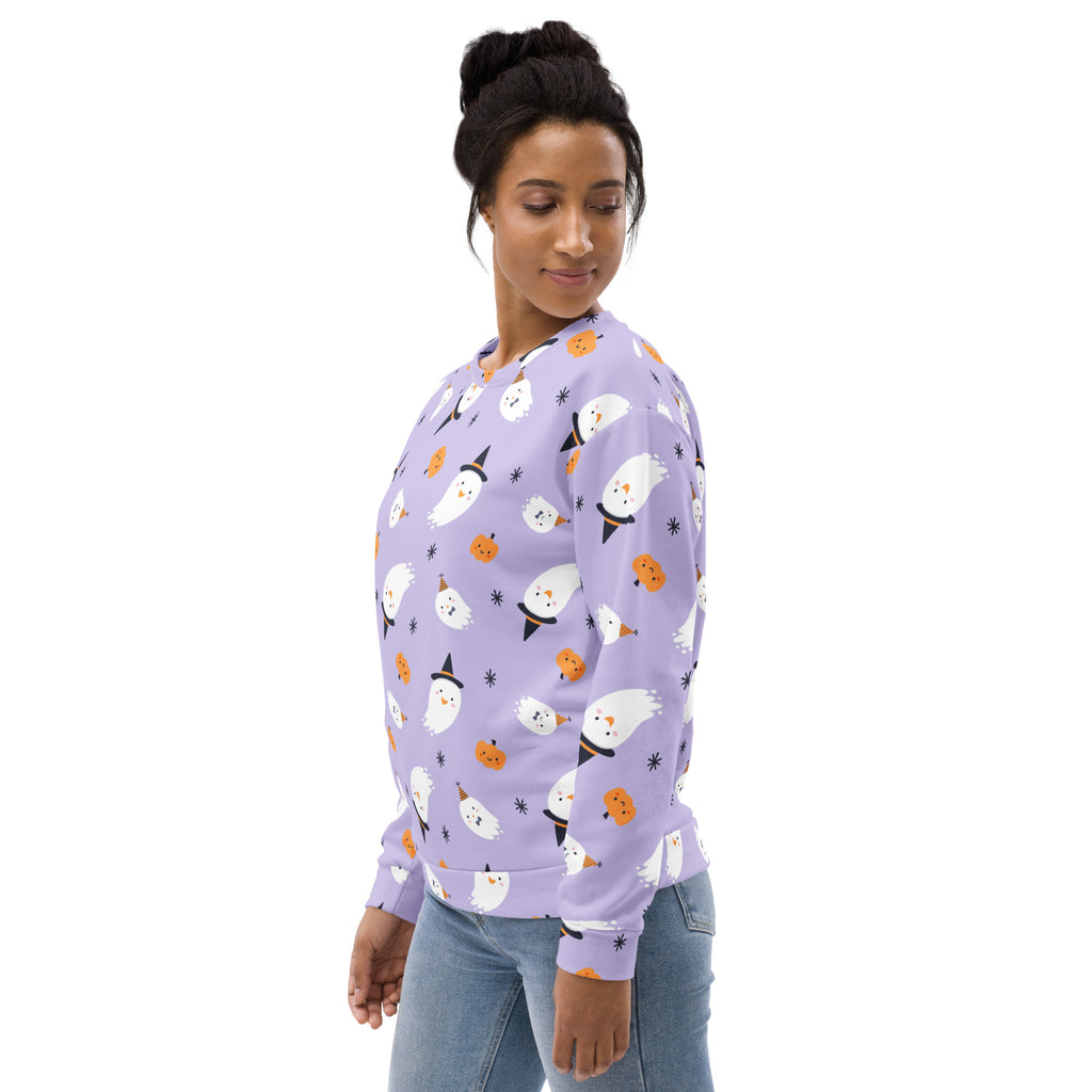 Lavender halloween witch ghost sweatshirt with brushed inner fleece fabric featuring playful white ghosts and pumpkins