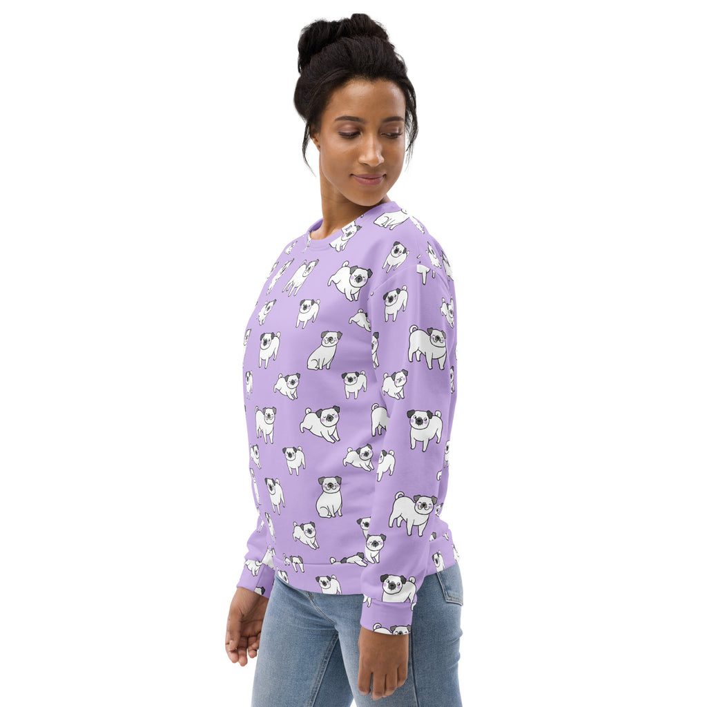Lavender sweatshirt with a repeating white cartoon pug pattern featuring brushed inner fleece fabric for warmth