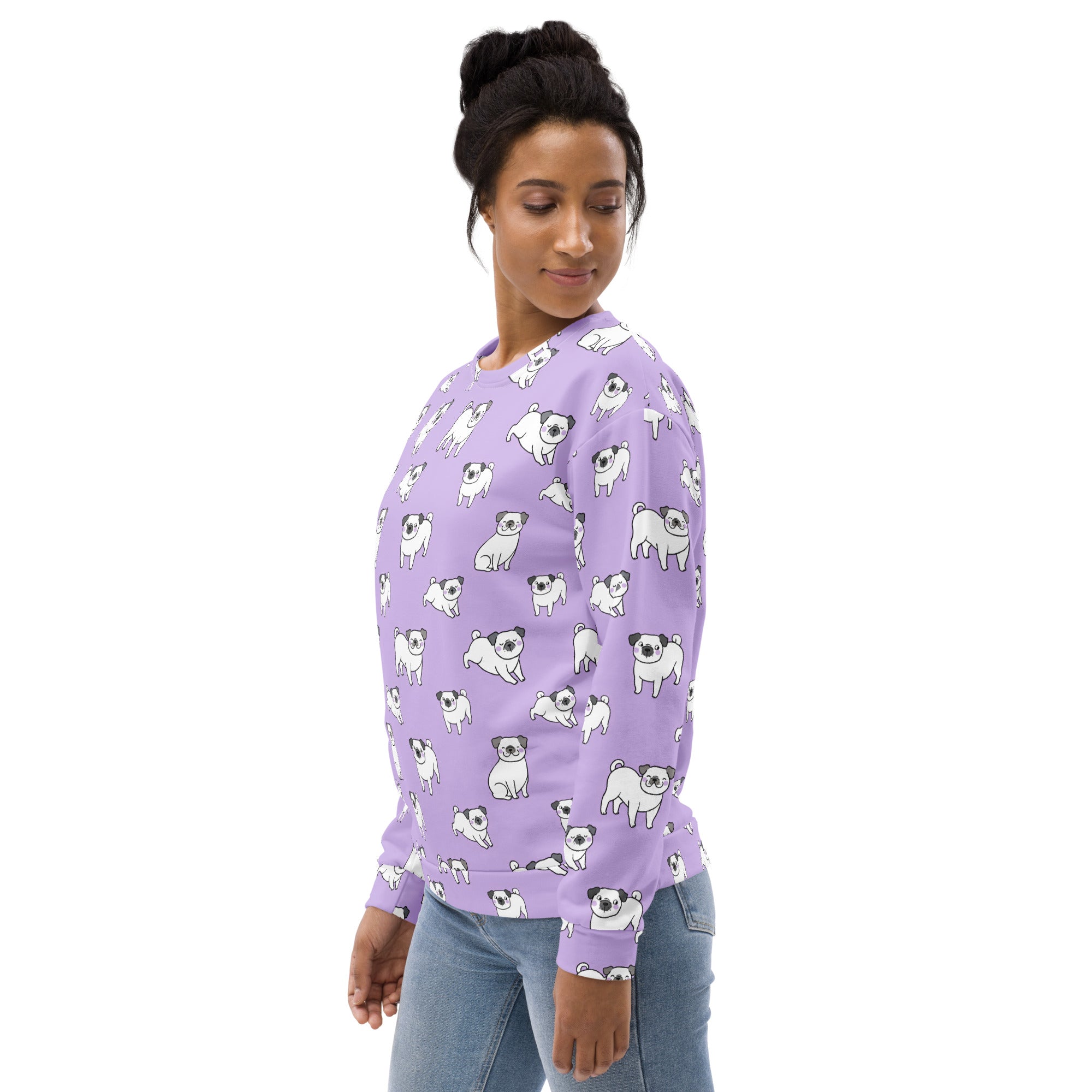 Lavender sweatshirt with a repeating white cartoon pug pattern featuring brushed inner fleece fabric for warmth