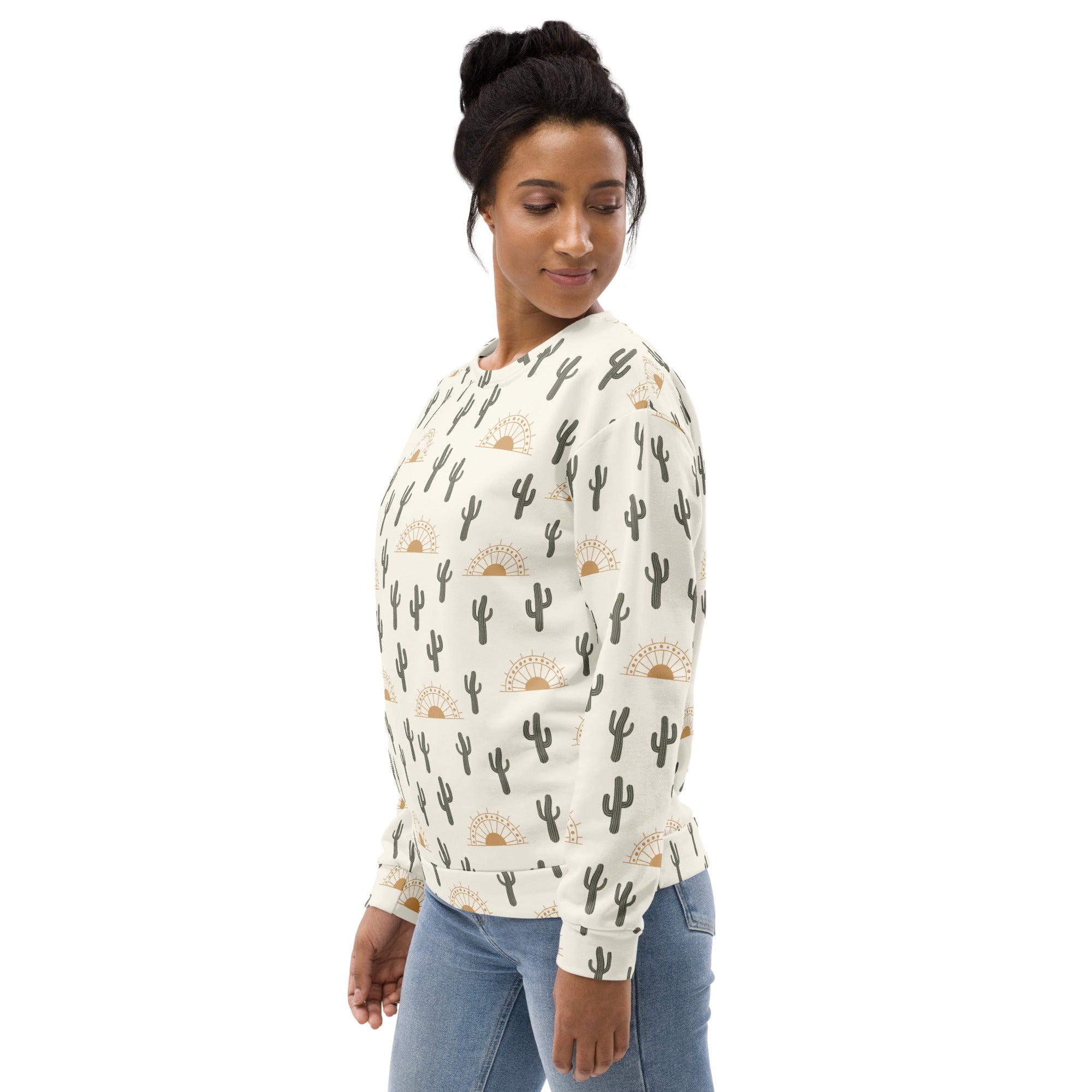 Cream-colored cactus desert sunrise sweatshirt with black cacti and tan sunbursts and brushed inner fleece fabric