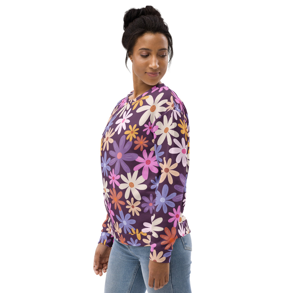 Purple floral flowers sweatshirt with brushed inner fleece fabric featuring vibrant daisy pattern on long sleeves