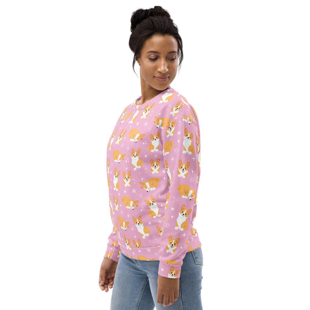 Pink corgi dog sweatshirt with long sleeves and brushed inner fleece fabric in soft pink color