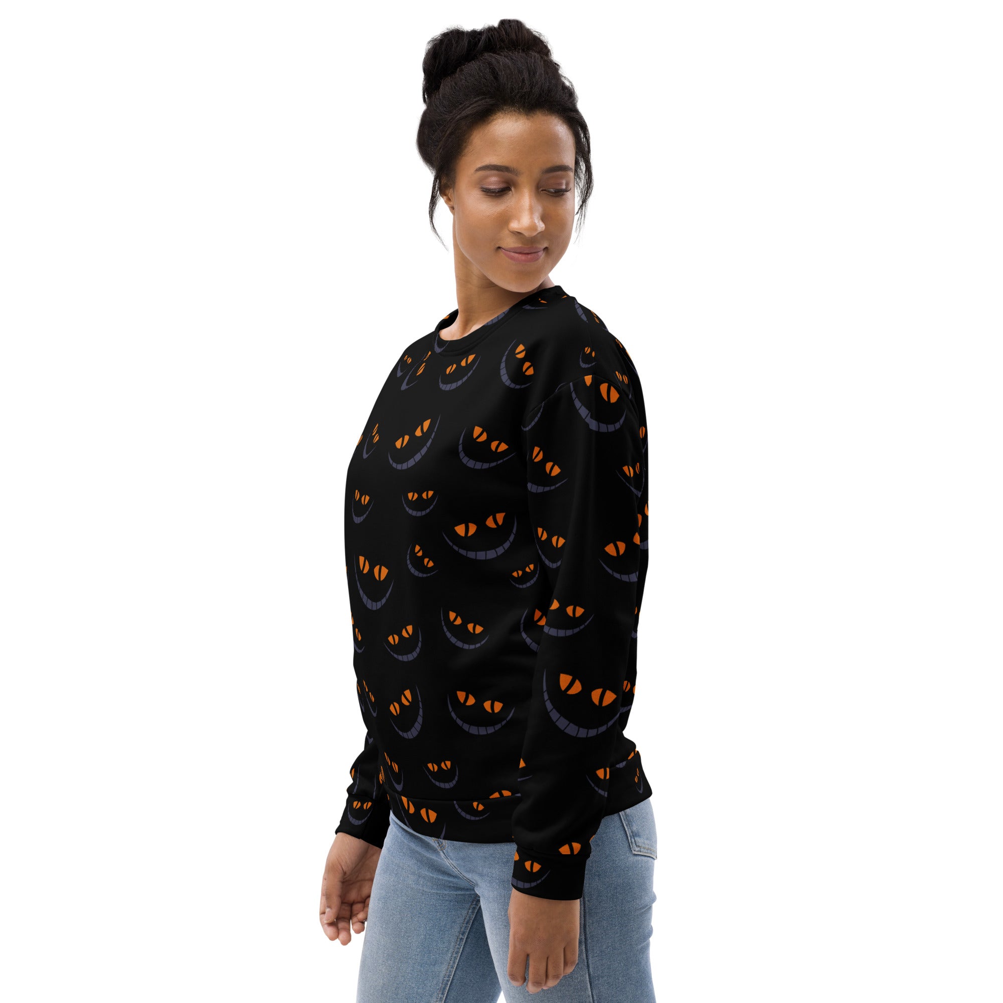 Black Cat Eyes Halloween Sweatshirt With Brushed Inner Fleece Fabric