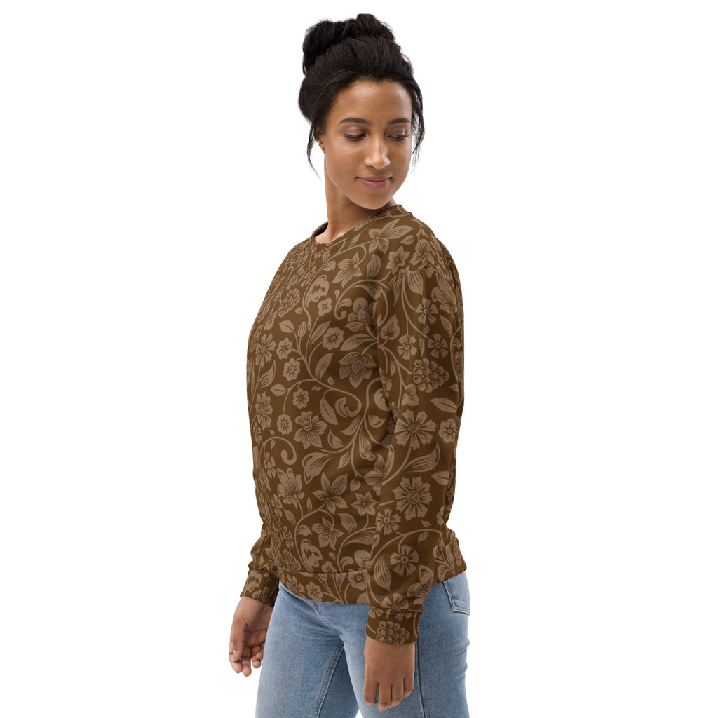 Brown floral sweatshirt with brushed inner fleece fabric long sleeve crew neck and ribbed cuffs