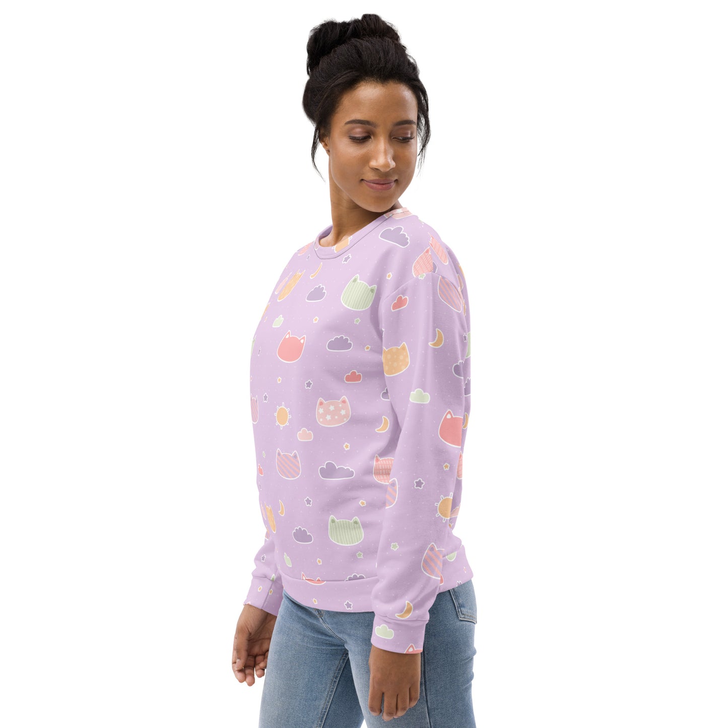 Pastel Purple Kawaii Cats & Clouds Sweatshirt With Brushed Inner Fleece Fabric