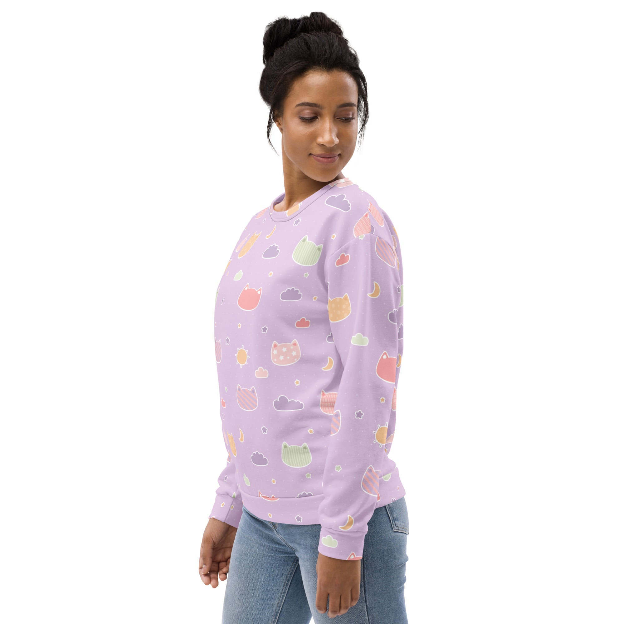 A soft lavender long-sleeved sweatshirt with pastel kawaii cats clouds moons and brushed inner fleece fabric