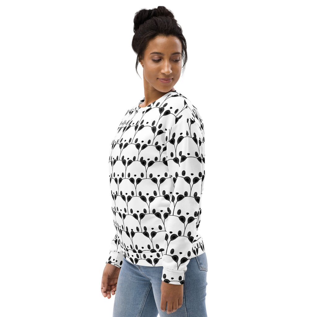 White long-sleeved sweatshirt with black abstract leaf pattern panda face design and brushed inner fleece fabric