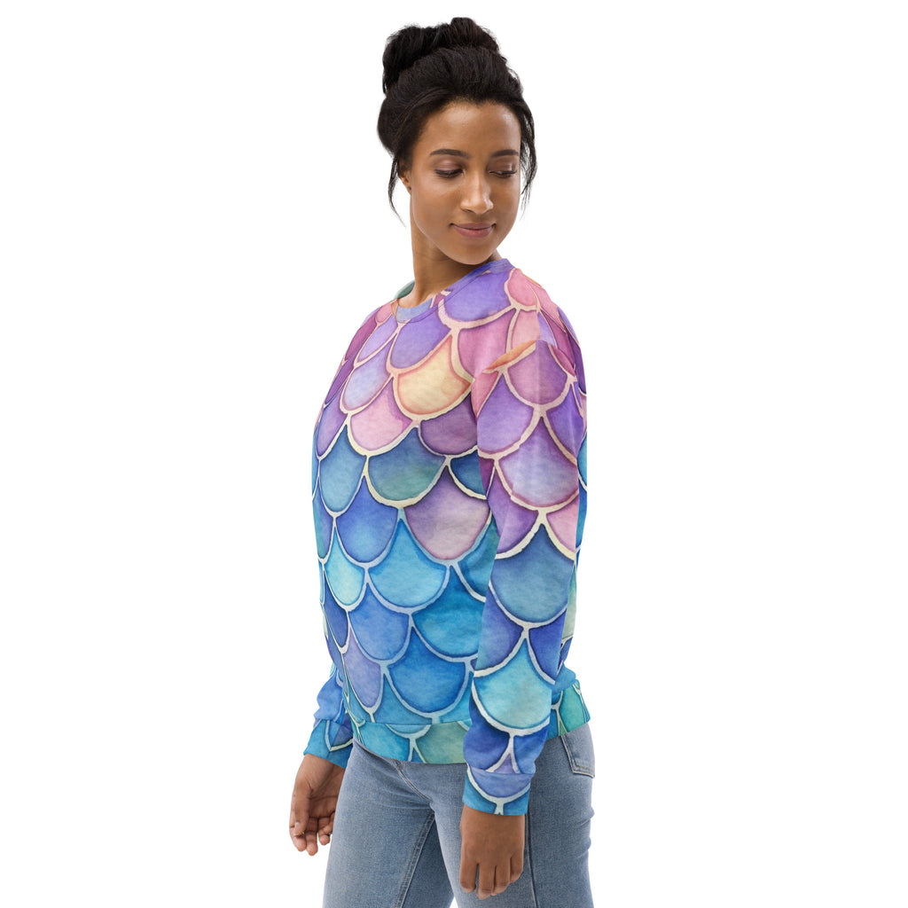 Long-sleeved sweatshirt with vibrant purple pink and blue mermaid scale gradient and brushed inner fleece fabric