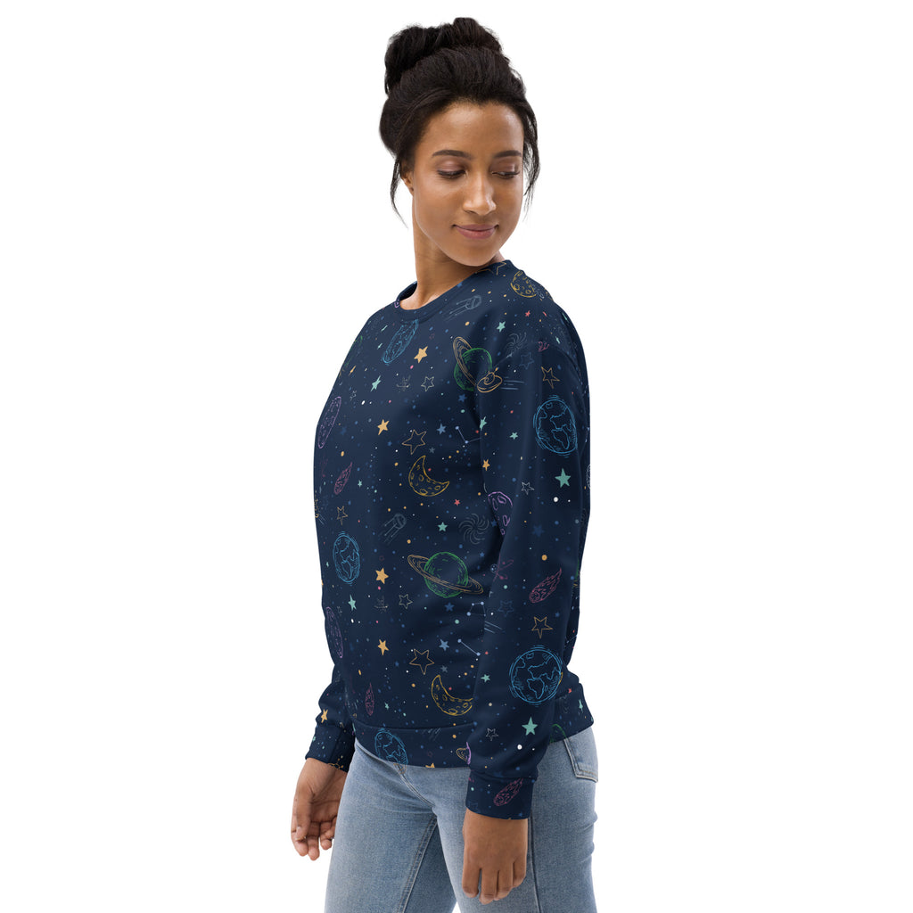 A navy blue long-sleeved sweatshirt with colorful galaxy space design and brushed inner fleece fabric