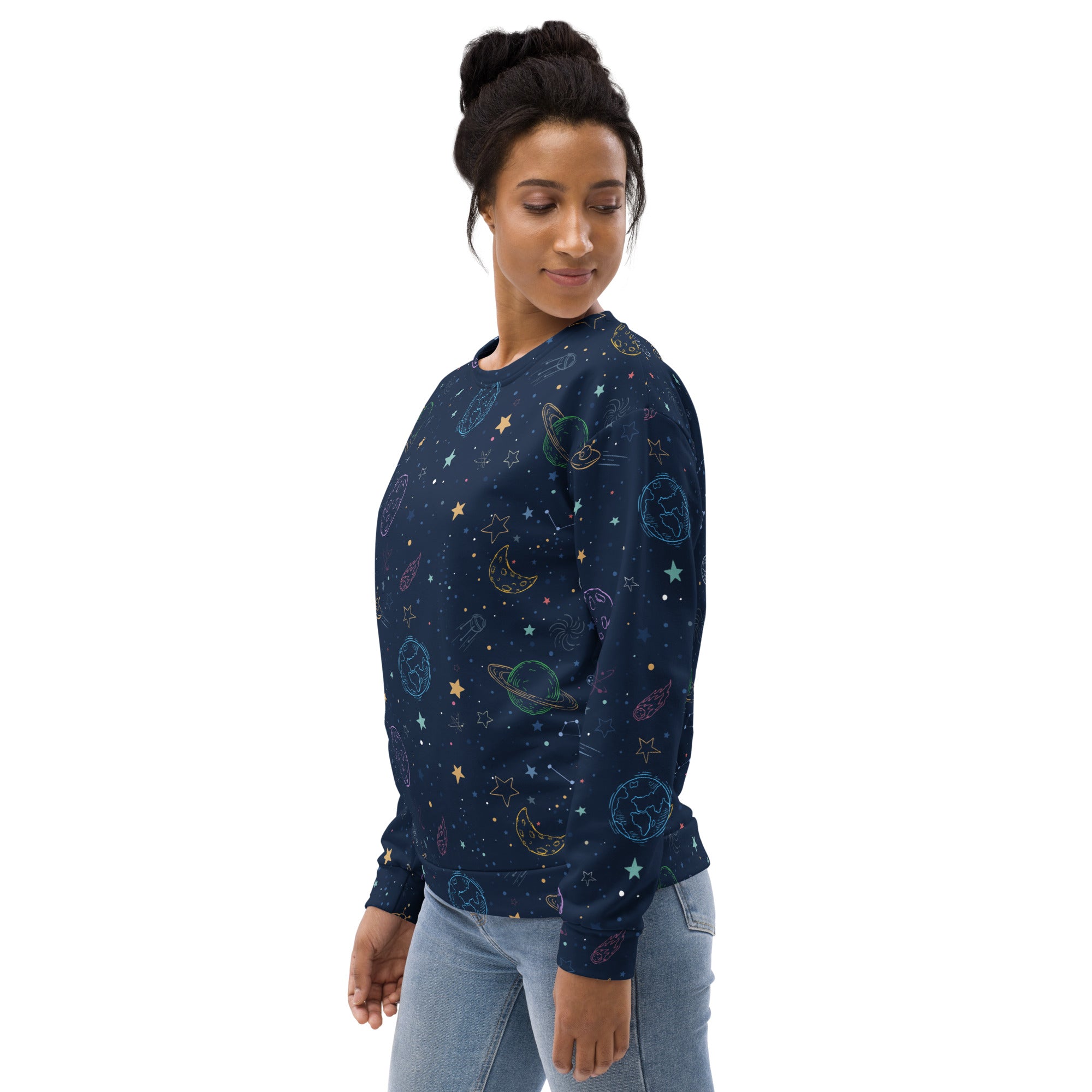 A navy blue long-sleeved sweatshirt with colorful galaxy space design and brushed inner fleece fabric