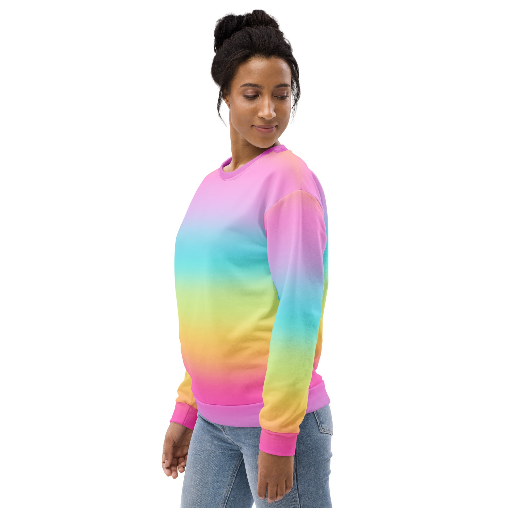 A vibrant rainbow gradient sweatshirt with soft brushed fleece fabric and cozy ribbed pink cuffs
