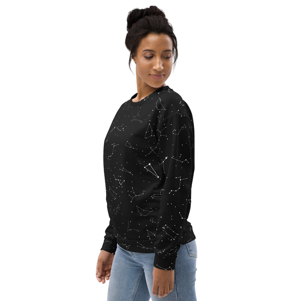 Black long-sleeved sweatshirt with subtle white constellation pattern and brushed inner fleece fabric for warmth