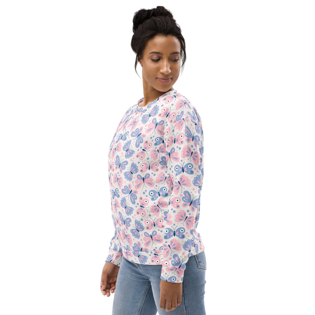 A soft pastel butterfly sweatshirt with long sleeves white base and brushed inner fleece fabric featuring pink and blue butterflies