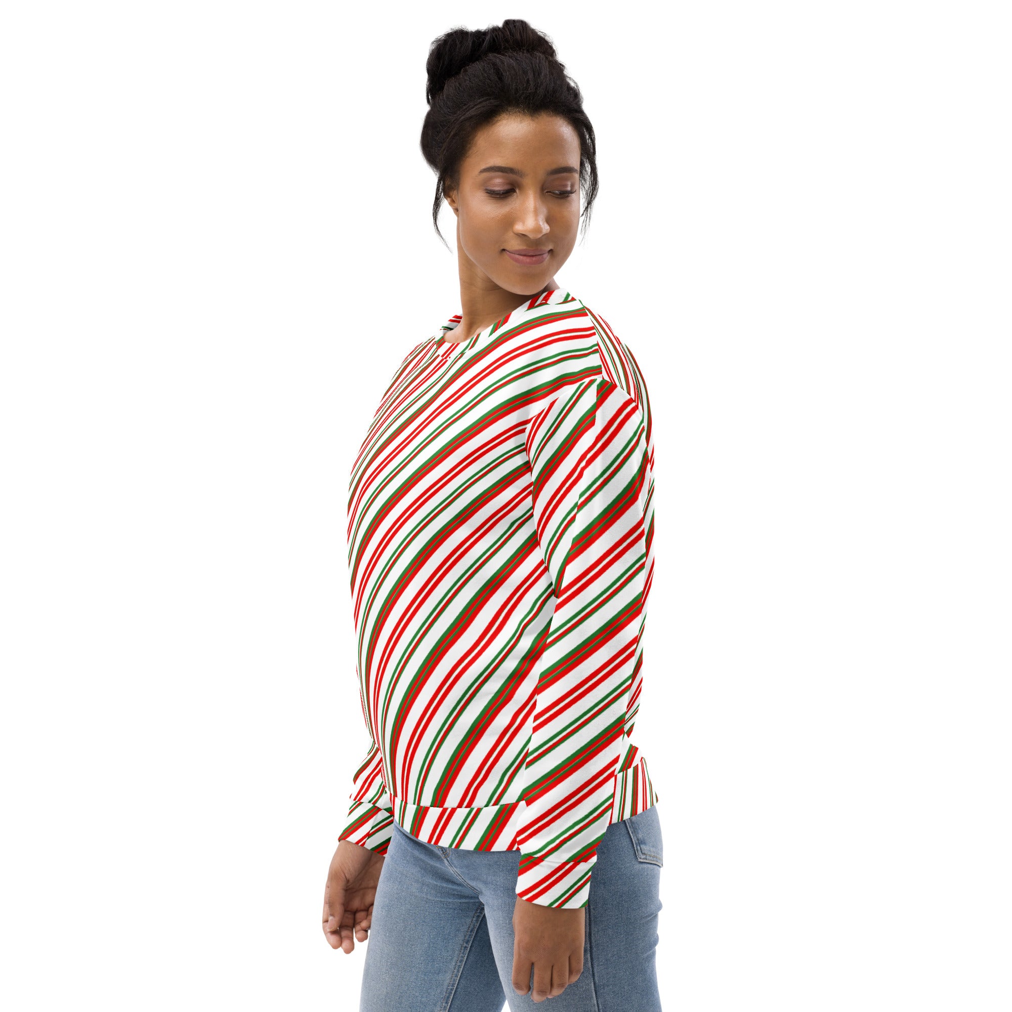 A festive long-sleeved candy cane stripe sweatshirt with red green white diagonal stripes and brushed inner fleece fabric
