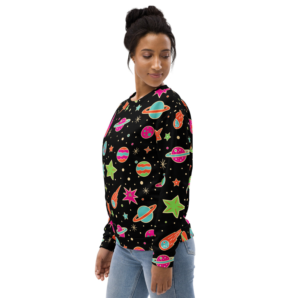 Black long-sleeved sweatshirt with vibrant neon space theme and brushed inner fleece fabric for warmth