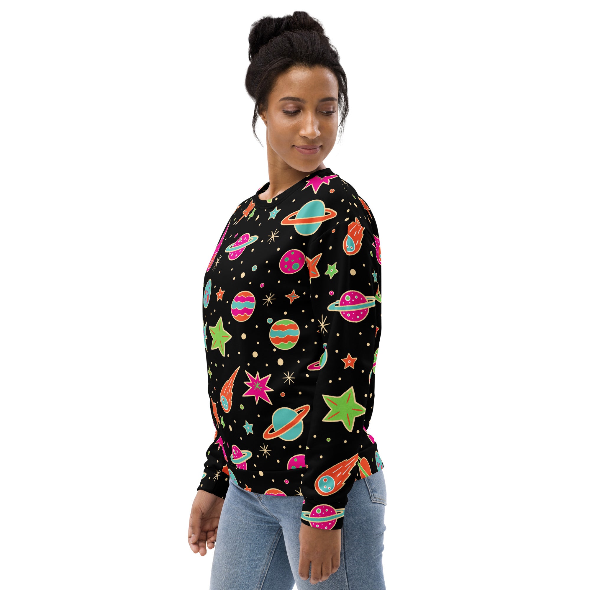 Black long-sleeved sweatshirt with vibrant neon space theme and brushed inner fleece fabric for warmth