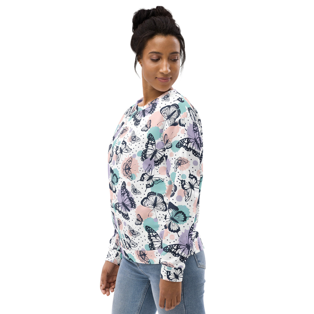 A soft long-sleeved butterfly sweatshirt with pastel pink lavender teal pattern and brushed inner fleece fabric