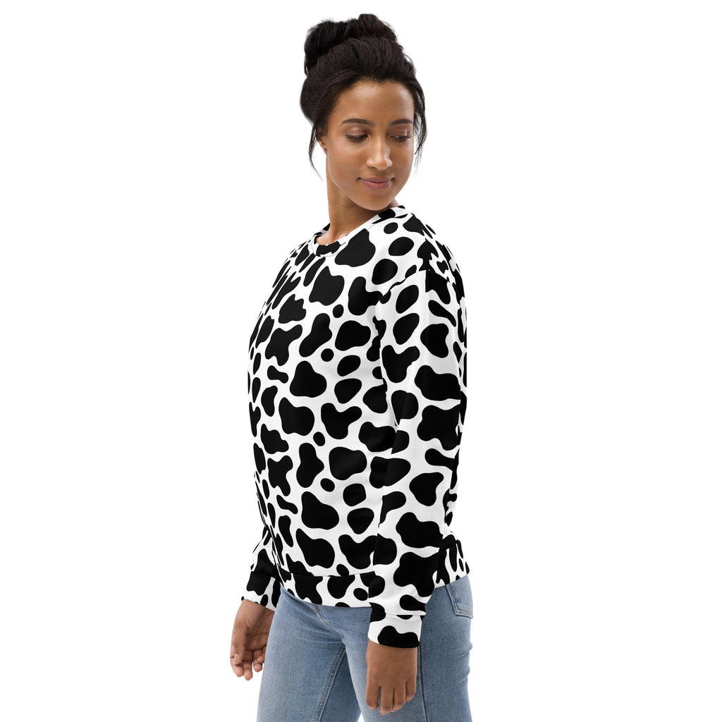 Black and white cow print long-sleeved sweatshirt with brushed inner fleece fabric for warmth and comfort
