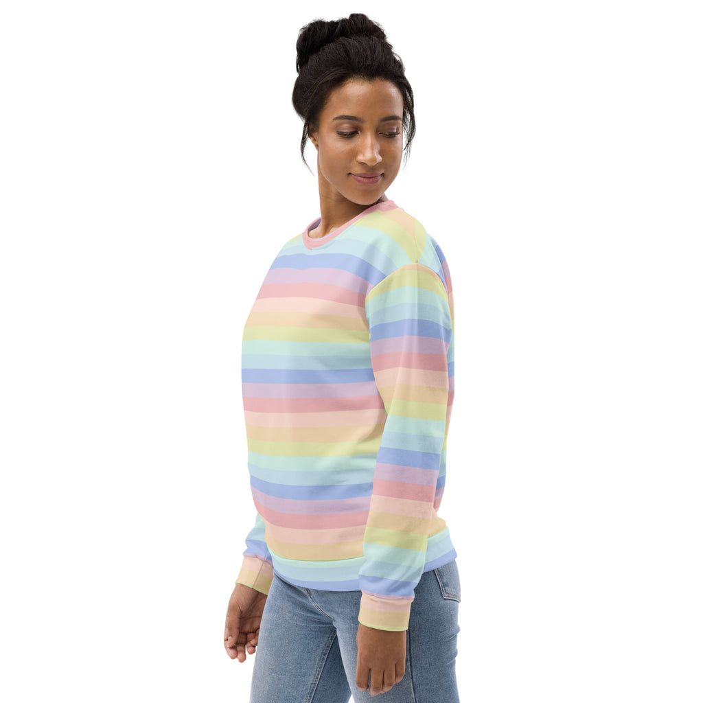 Pastel rainbow stripes sweatshirt with brushed inner fleece fabric featuring long sleeves and soft comfortable material