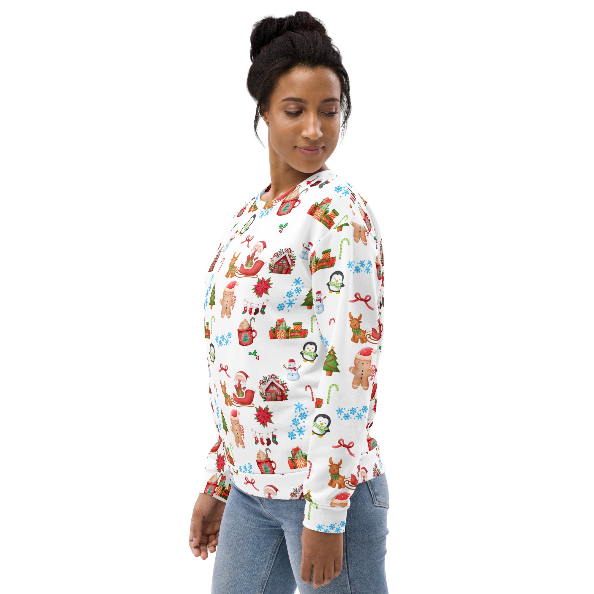 White christmas pattern sweatshirt with brushed inner fleece featuring festive gingerbread men and holiday illustrations