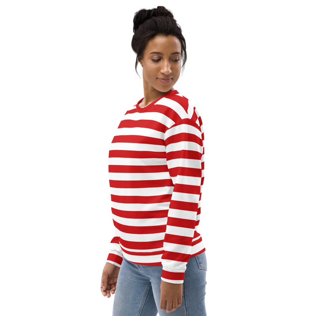 Red and white candy cane striped long-sleeved sweatshirt with brushed inner fleece fabric for christmas wear