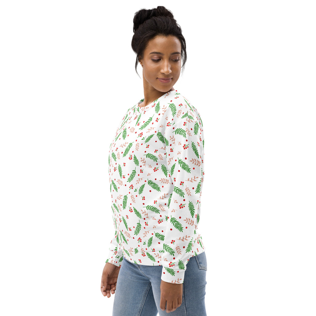 White long-sleeved holly berry christmas sweatshirt with green fern red berry pattern and brushed inner fleece fabric