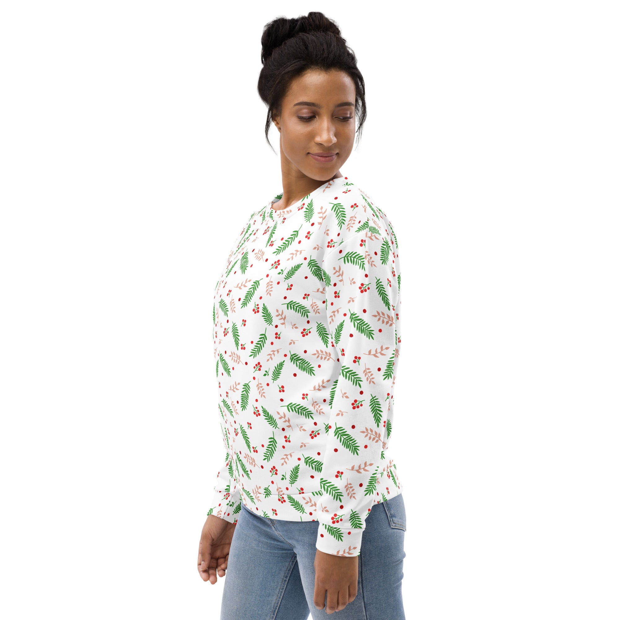 White long-sleeved holly berry christmas sweatshirt with green fern red berry pattern and brushed inner fleece fabric