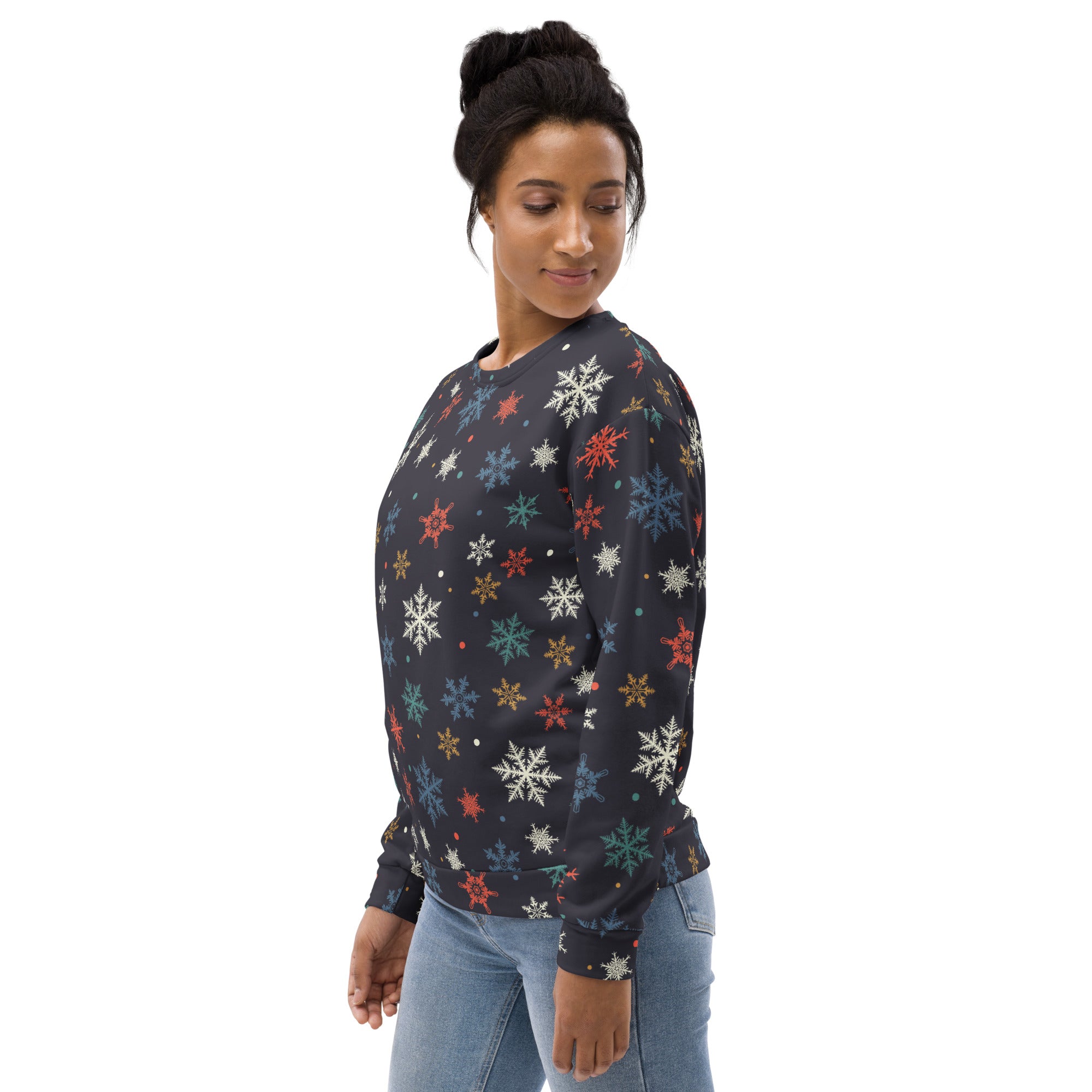 Black sweatshirt with colorful snowflake pattern in white red blue and gold and brushed inner fleece fabric