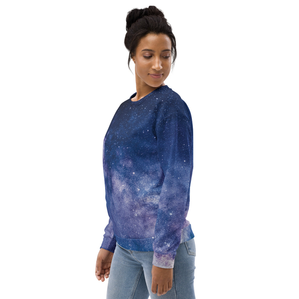 Realistic galaxy sweatshirt with brushed inner fleece fabric in navy blue and purple gradient long-sleeve design