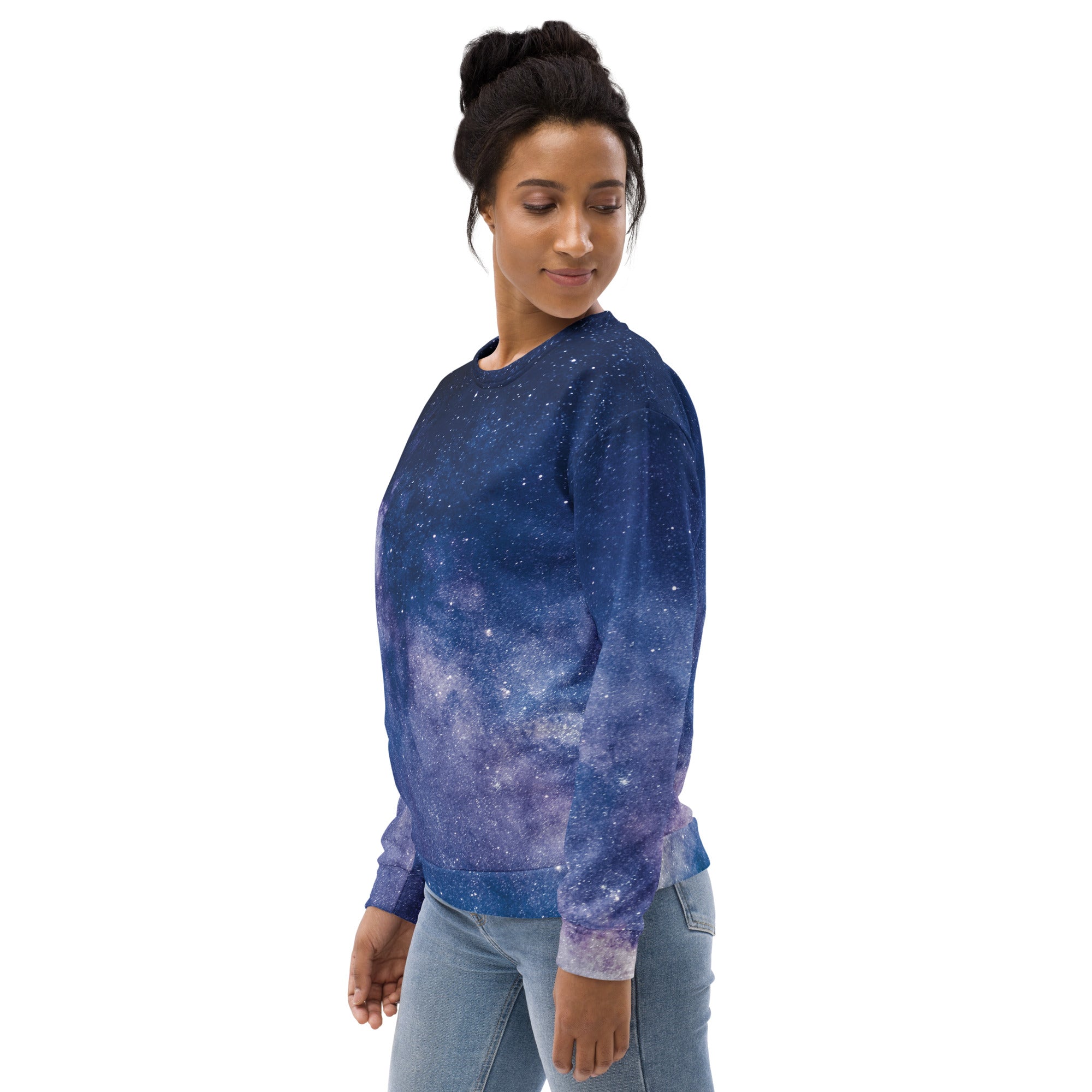 Realistic galaxy sweatshirt with brushed inner fleece fabric in navy blue and purple gradient long-sleeve design