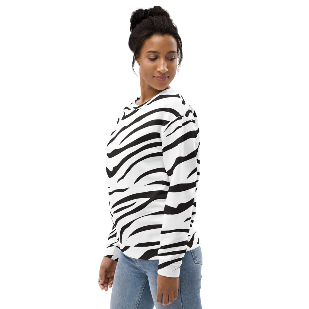 Black and white zebra print long-sleeved sweatshirt with brushed inner fleece fabric for warmth and comfort