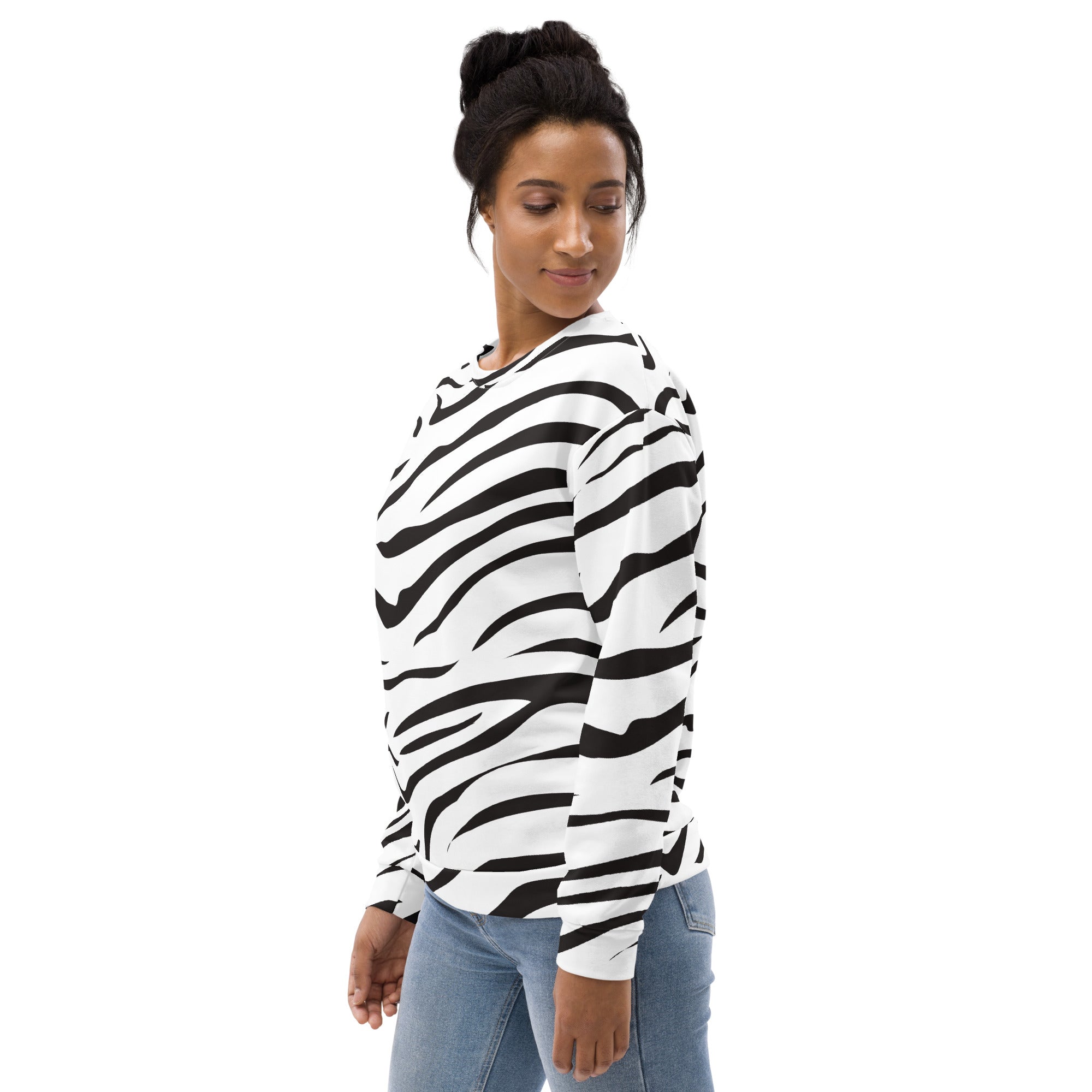 Black and white zebra print long-sleeved sweatshirt with brushed inner fleece fabric for warmth and comfort