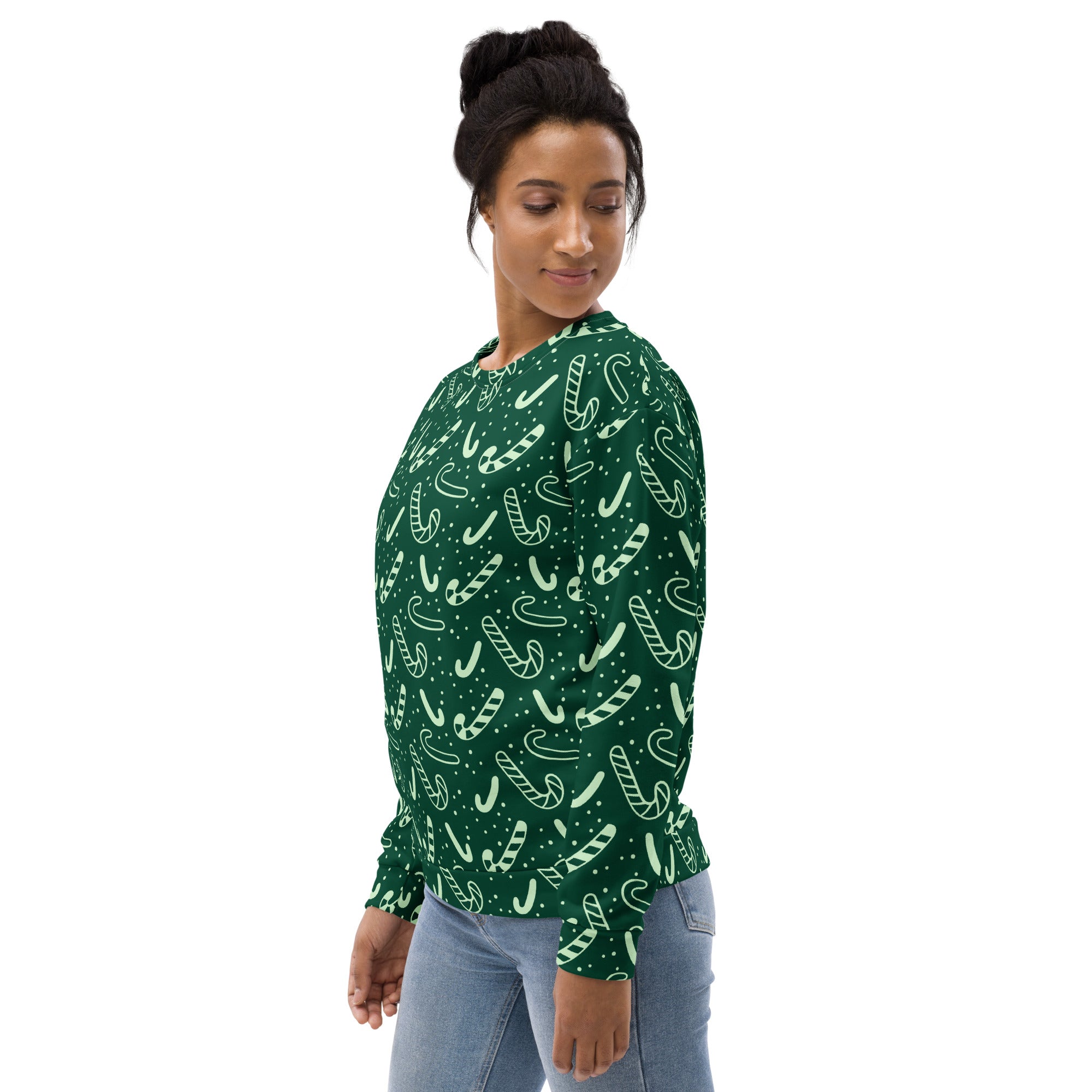 Green candy cane christmas sweatshirt with dark green long sleeves festive white candy cane pattern and brushed fleece lining