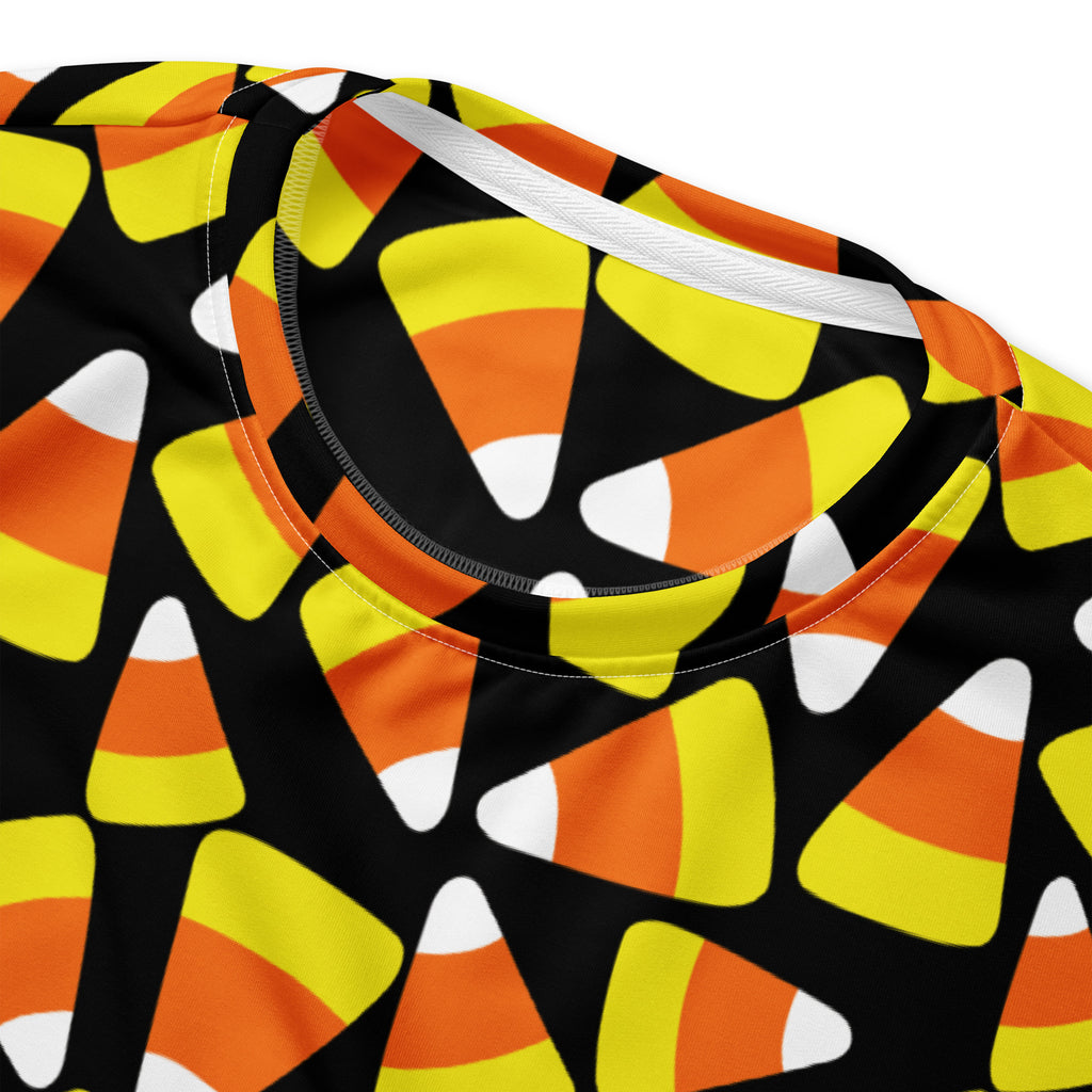 A black cotton candy corn Halloween sweatshirt with vibrant orange yellow white pattern and brushed fleece fabric