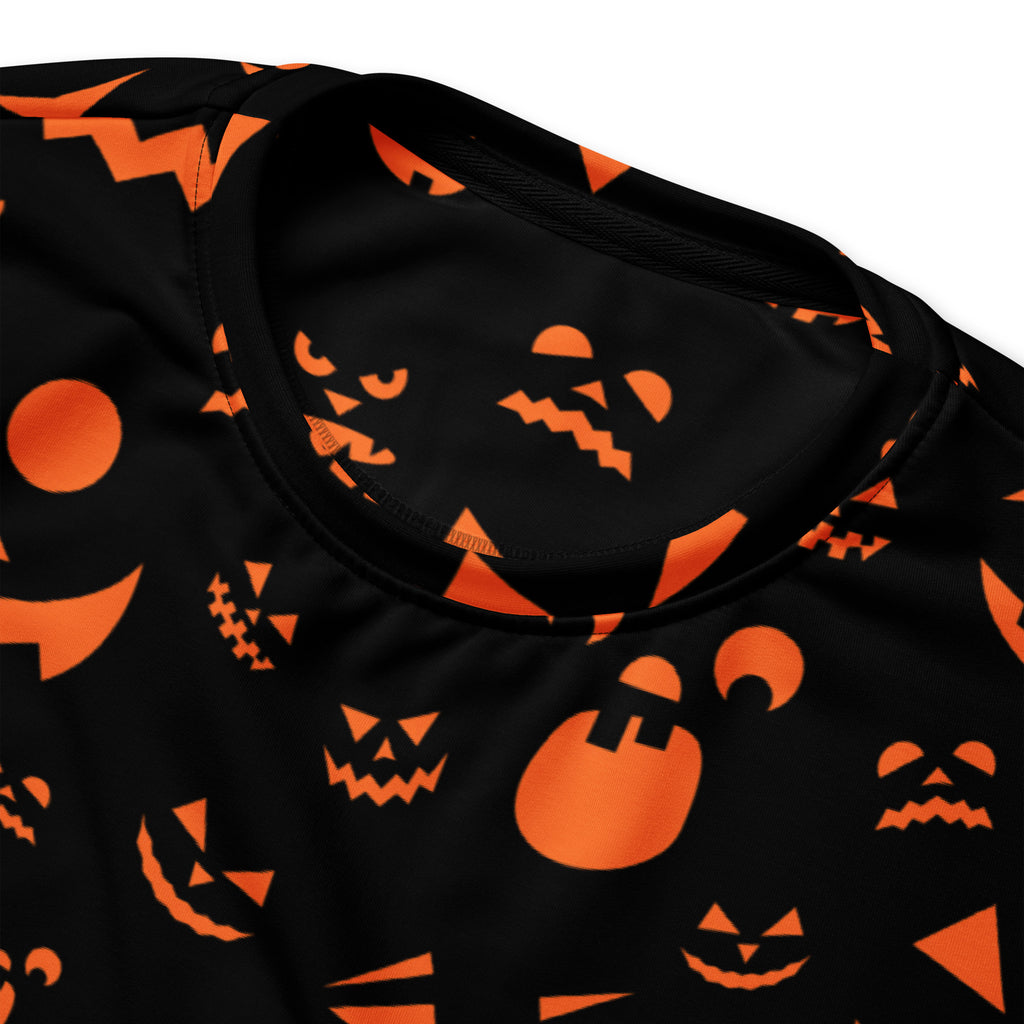 Black halloween sweatshirt with vibrant orange smiling jack o lantern print and brushed inner fleece fabric