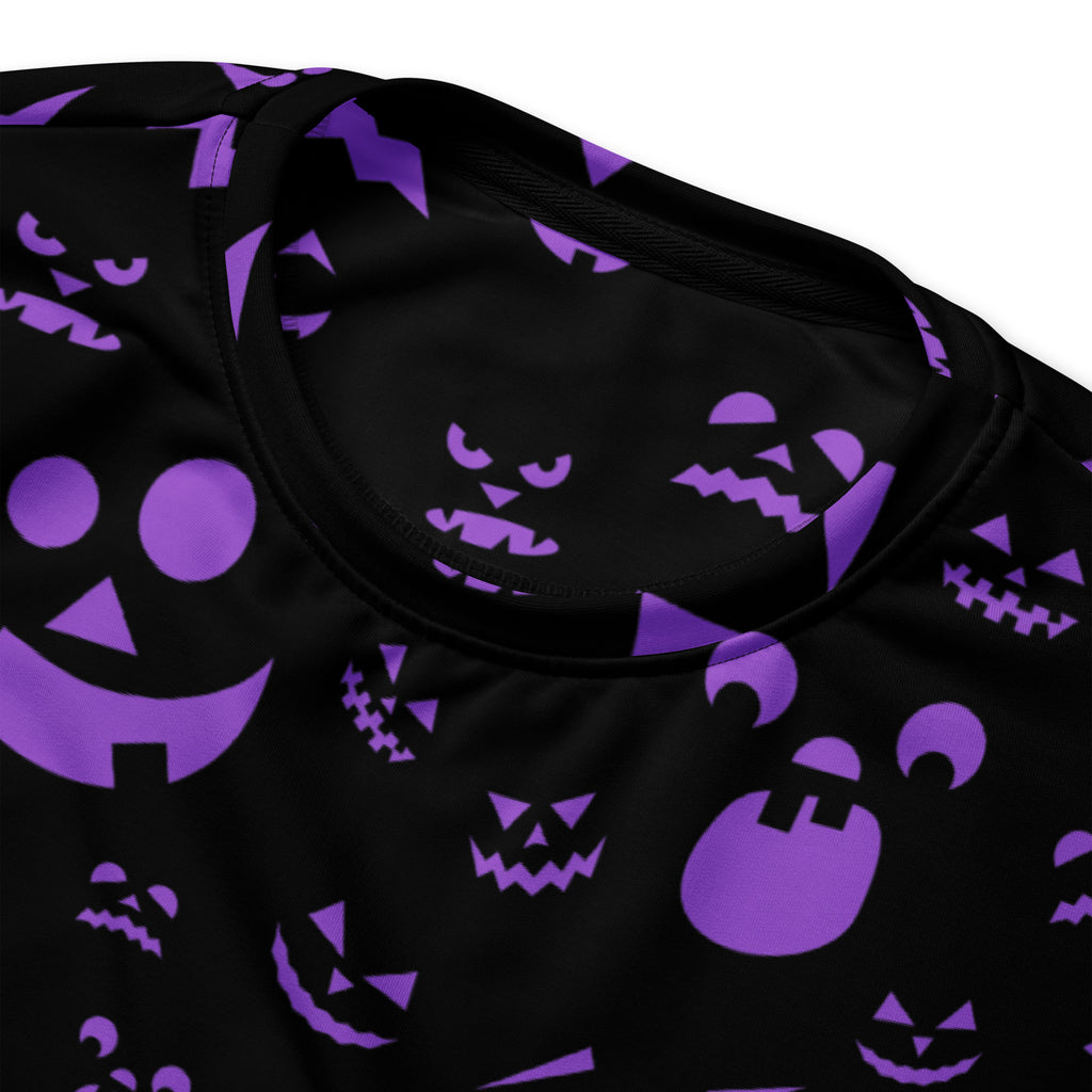 Black halloween sweatshirt with vibrant purple jack-o-lantern pattern and brushed inner fleece fabric